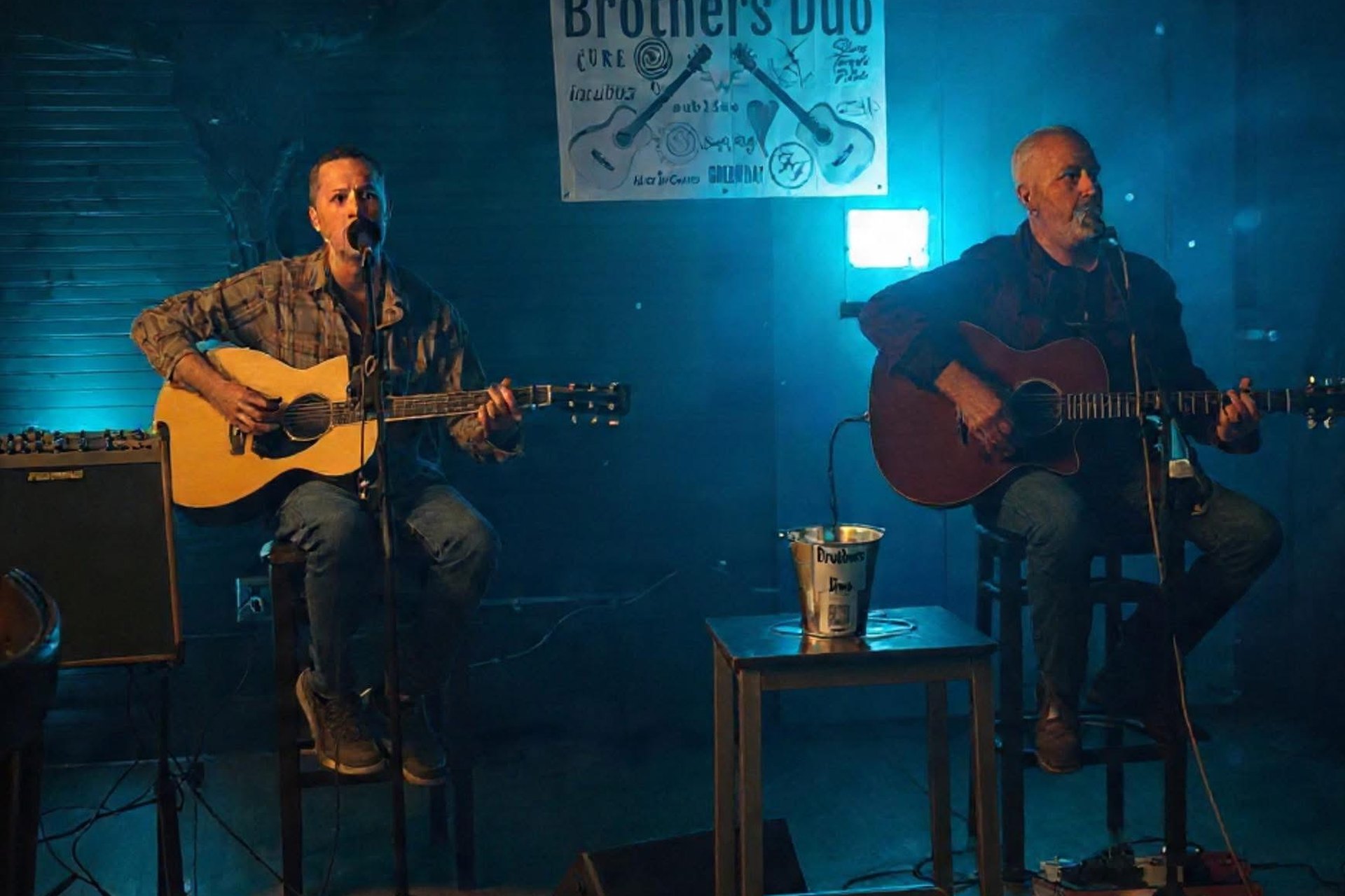 Brothers Duo performing under blue stage lights